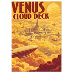 Floating city and airships above golden clouds beneath a pale sun, with bold red ‘Venus Cloud Deck’ lettering.