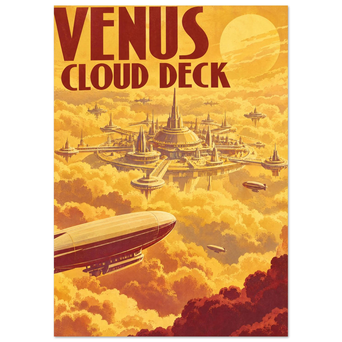 Floating city and airships above golden clouds beneath a pale sun, with bold red ‘Venus Cloud Deck’ lettering.