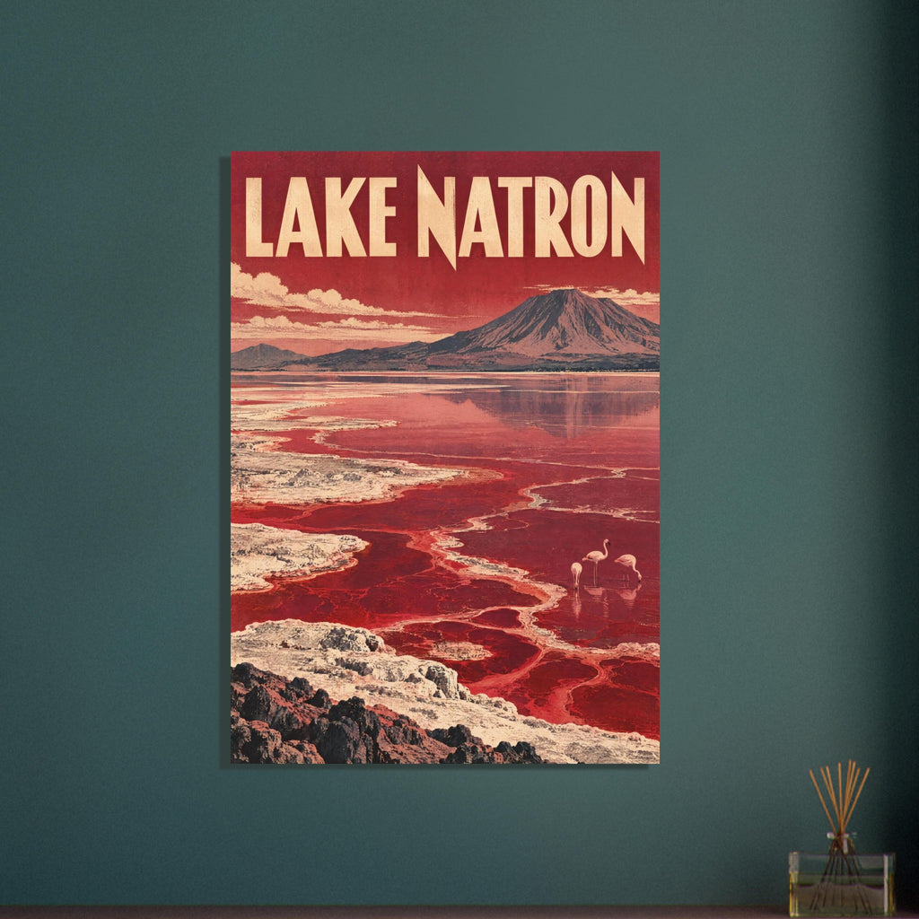 Lake Natron in red and cream with a mountain reflection, winding shorelines, three flamingos and large cream lettering.