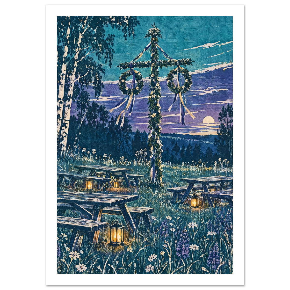 Midsummer Pole Blue Landscape Art Print – White Border