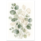 Eucalyptus branches with rounded sage green leaves and translucent cream honesty seed pods against a white background.