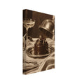 Chocolate cake on an ornate plate beneath a hand lifting a cloche, with a glass, rose and draped fabric in sepia tones.