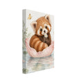 Red panda holding a daisy in a floating pink flower, surrounded by butterflies, lily pads and soft green foliage.