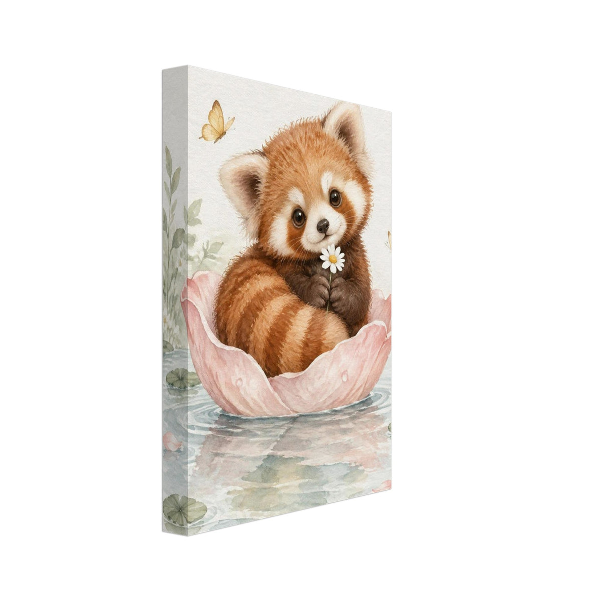 Red panda holding a daisy in a floating pink flower, surrounded by butterflies, lily pads and soft green foliage.