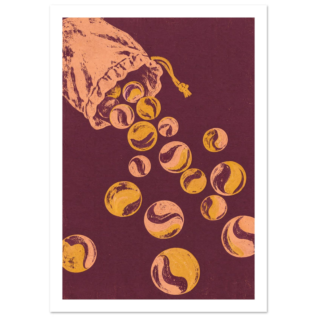 Peach and mustard marbles spill from a drawstring pouch across a burgundy background, with distressed textures.