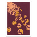 Peach and mustard marbles spill from a drawstring pouch across a burgundy background, with distressed textures.