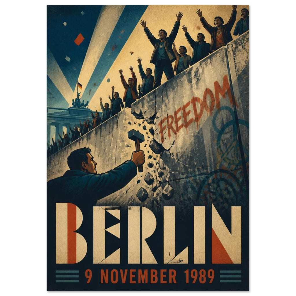 Berlin Wall illustration with cheering crowds, a man wielding a hammer, ‘FREEDOM’ graffiti and ‘BERLIN 9 NOVEMBER 1989’.