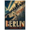 Berlin Wall illustration with cheering crowds, a man wielding a hammer, ‘FREEDOM’ graffiti and ‘BERLIN 9 NOVEMBER 1989’.