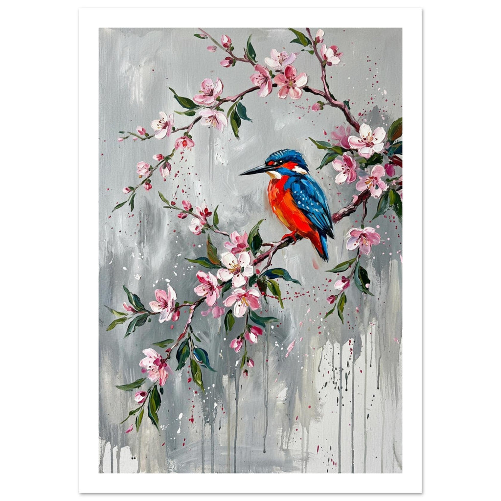 Blue and orange kingfisher perched among pink blossoms and green leaves against a grey background with paint drips.