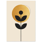 Black geometric flower with four leaves before a textured golden circle and thin looping line on a cream background.