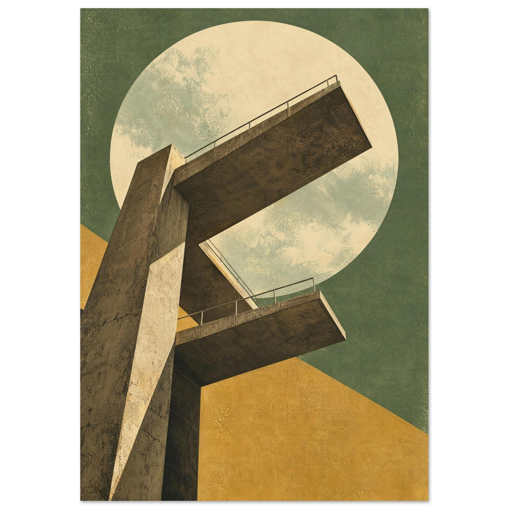 Concrete diving platforms viewed from below against a cream circle, olive green background and mustard geometric shapes.