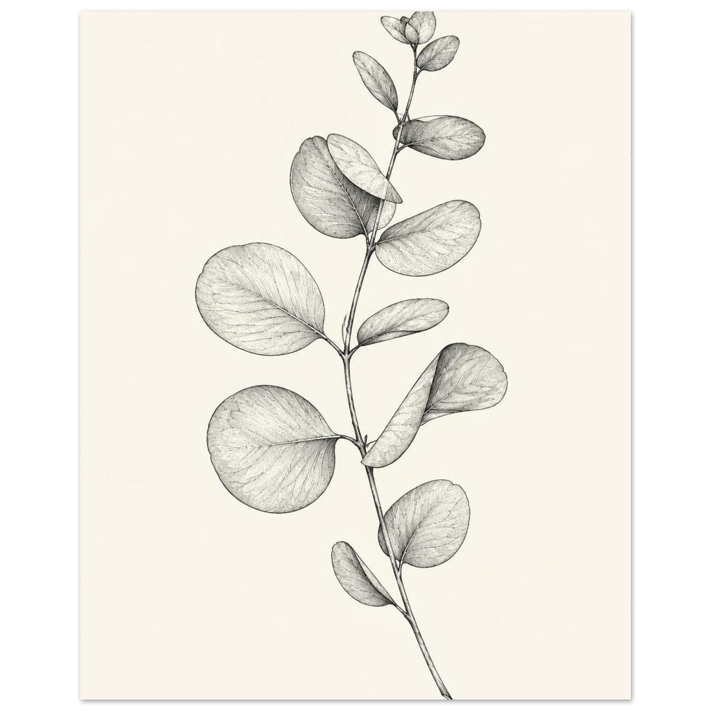 Eucalyptus stem with rounded leaves, fine veins and shaded folds drawn in black and grey on a cream background.