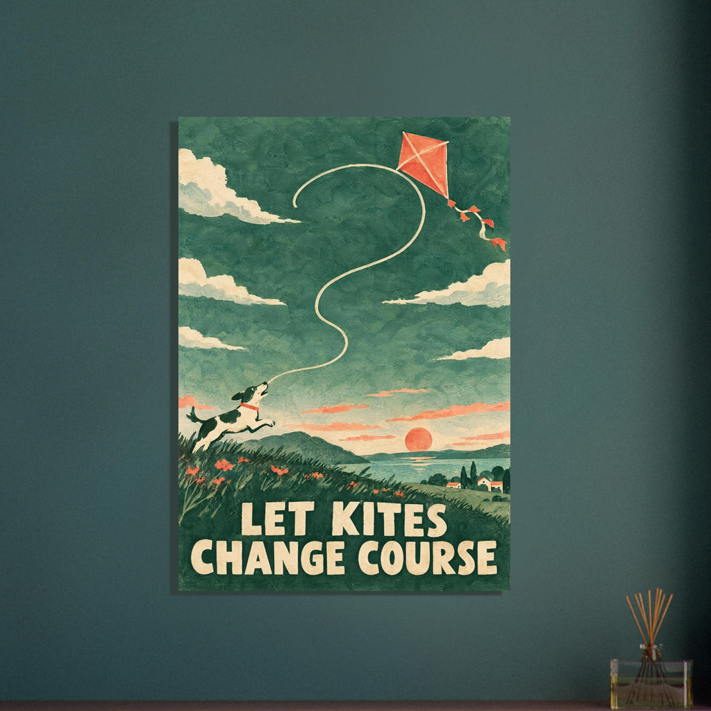 Dog leaping beneath a coral kite over a green hillside at sunset, with cream text reading ‘LET KITES CHANGE COURSE’.
