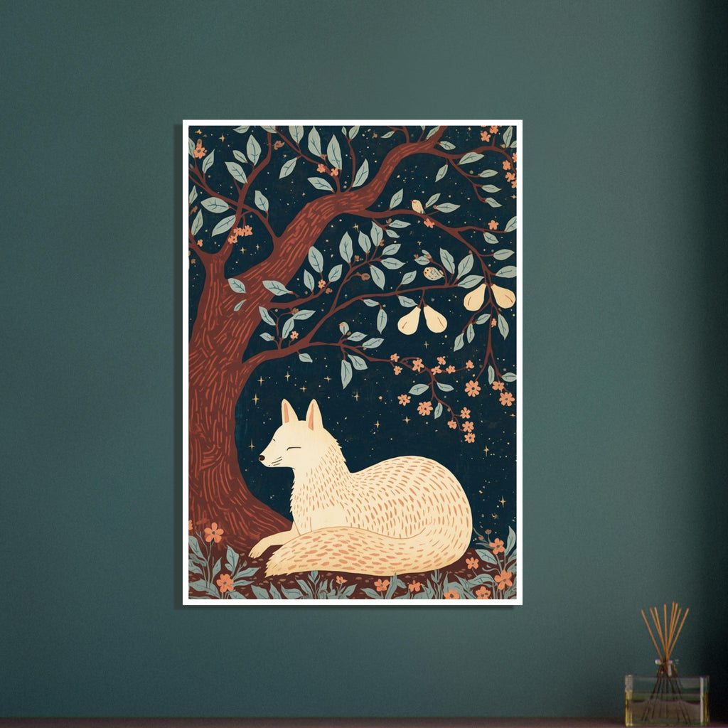 Cream fox resting beneath a pear tree with rust-brown branches, pale leaves and peach flowers against a starry blue sky.