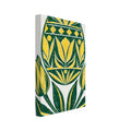 Yellow and green patterned Easter egg above two yellow tulips and sweeping green leaves on a cream background.