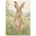 Brown hare with tall upright ears sitting among clover and grasses, with softly painted green fields and trees behind.