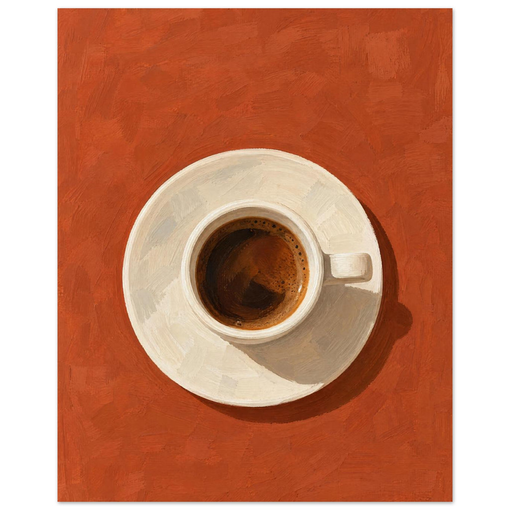 Espresso in a cream cup and saucer, viewed from above on a textured terracotta background with a dark cast shadow.