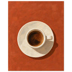 Espresso in a cream cup and saucer, viewed from above on a textured terracotta background with a dark cast shadow.