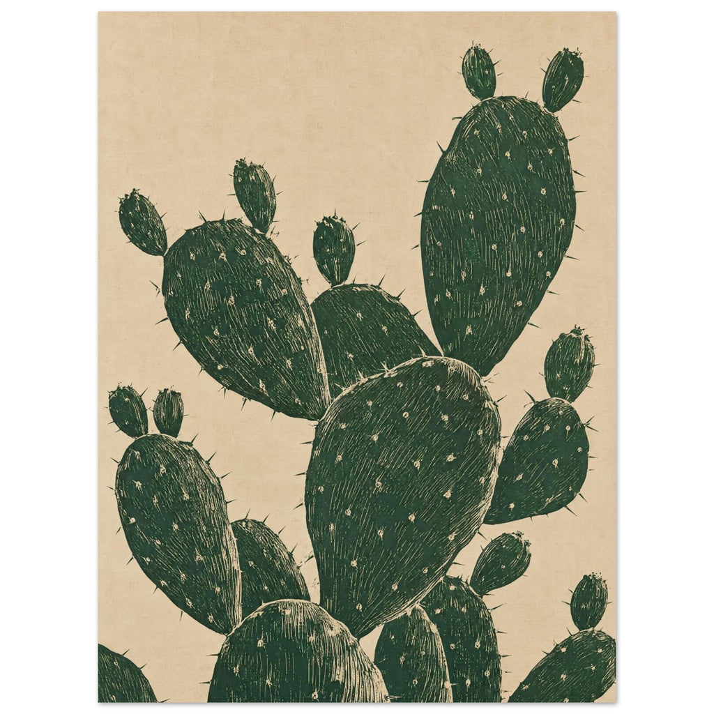 Prickly pear cactus with overlapping dark green oval pads, fine pale markings and spines against a textured beige background.