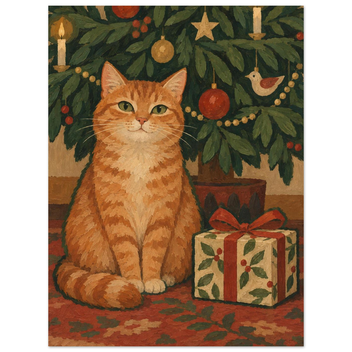 The Cat Who Waited shows a ginger cat beside an unopened present beneath low Christmas tree branches, with thick green painte