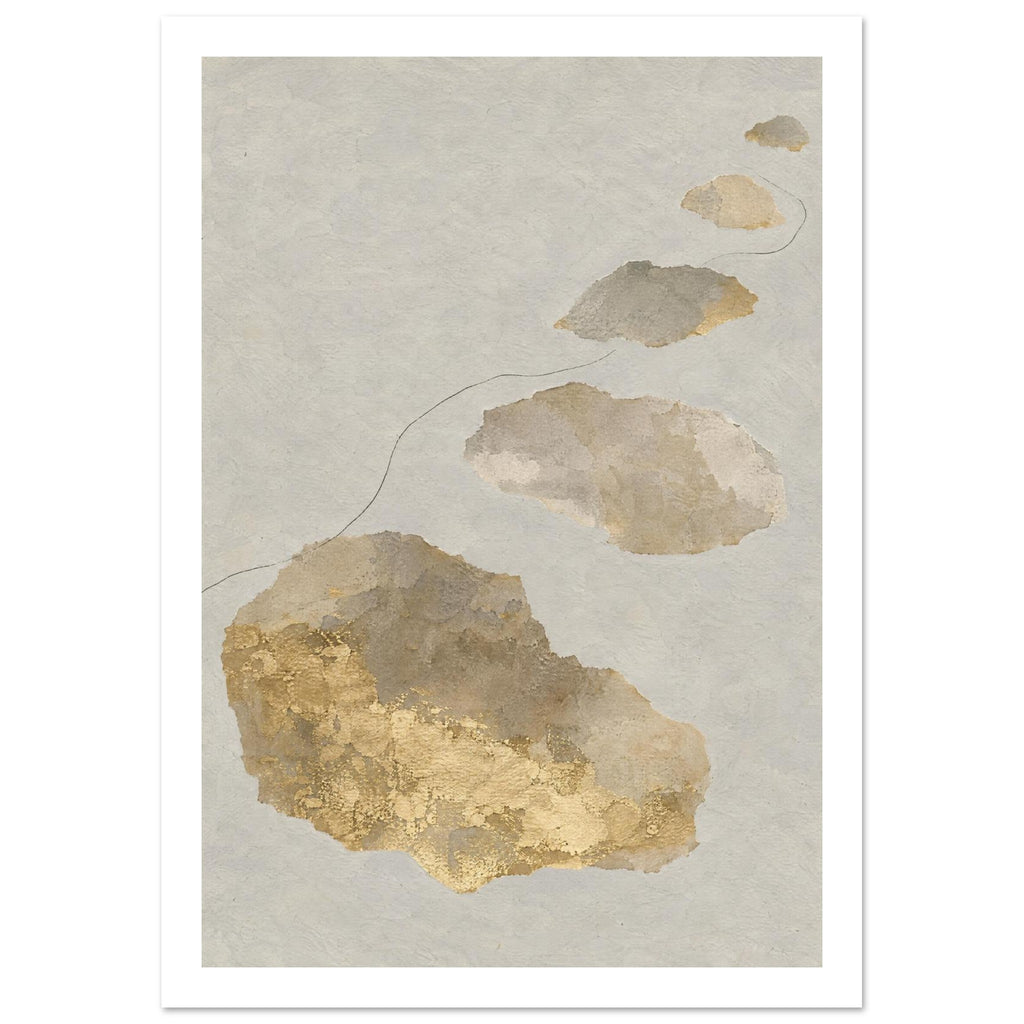 Irregular beige, grey and gold-coloured shapes ascend a pale textured background, with a fine dark line curving between them.