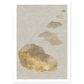 Irregular beige, grey and gold-coloured shapes ascend a pale textured background, with a fine dark line curving between them.