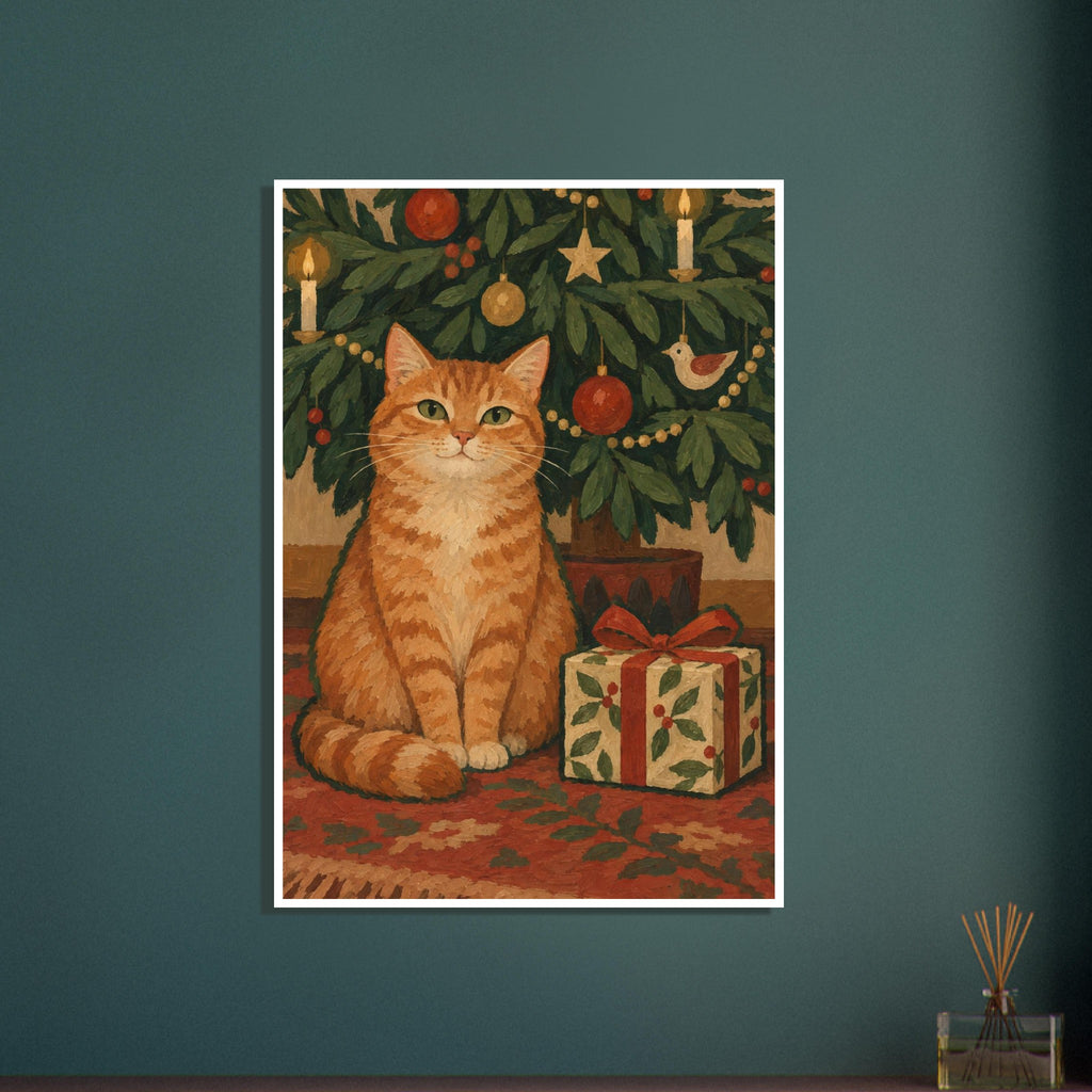 Ginger tabby sitting beside a wrapped gift beneath a Christmas tree decorated with candles, baubles and a star.