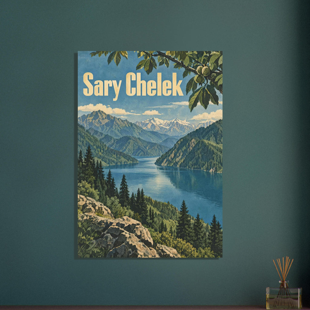 Sary Chelek lake poster with blue water, forested slopes, snowy mountains, foreground rocks and cream lettering.