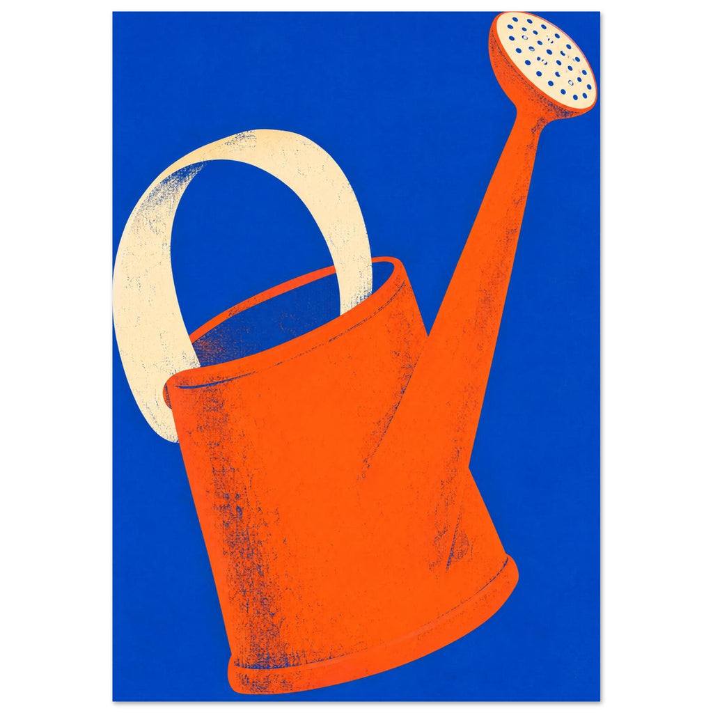 Orange watering can with a cream handle and sprinkler head, tilted across a vivid blue background with distressed textures.