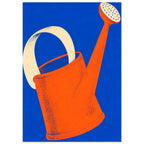 Orange watering can with a cream handle and sprinkler head, tilted across a vivid blue background with distressed textures.