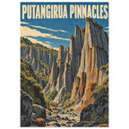 Putangirua Pinnacles travel poster with towering ochre and grey rock pillars, green vegetation, blue sky and cream lettering.