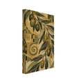 Olive-laden branch with long green leaves over a textured gold, cream and dark green pattern of spirals and circles.