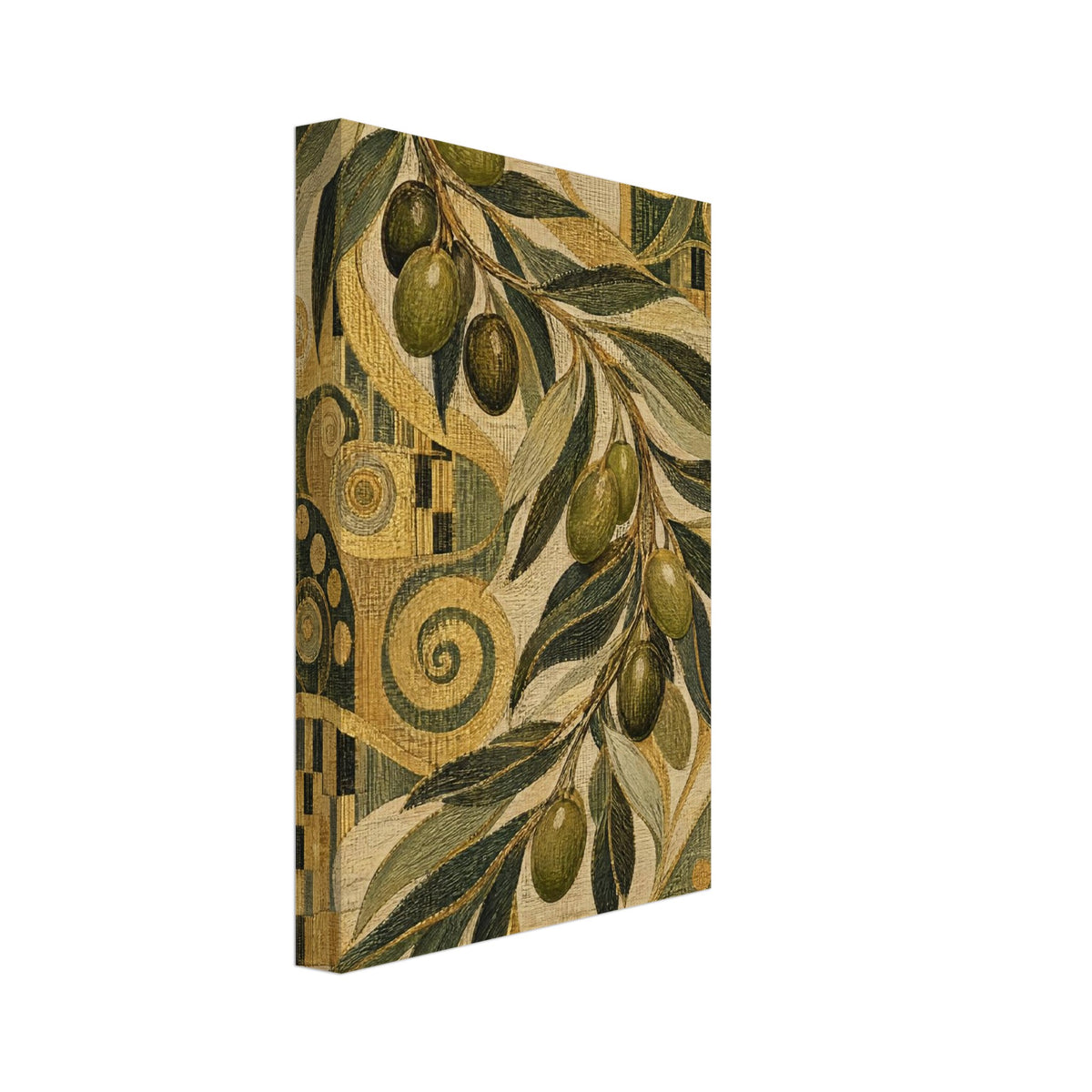 Olive-laden branch with long green leaves over a textured gold, cream and dark green pattern of spirals and circles.