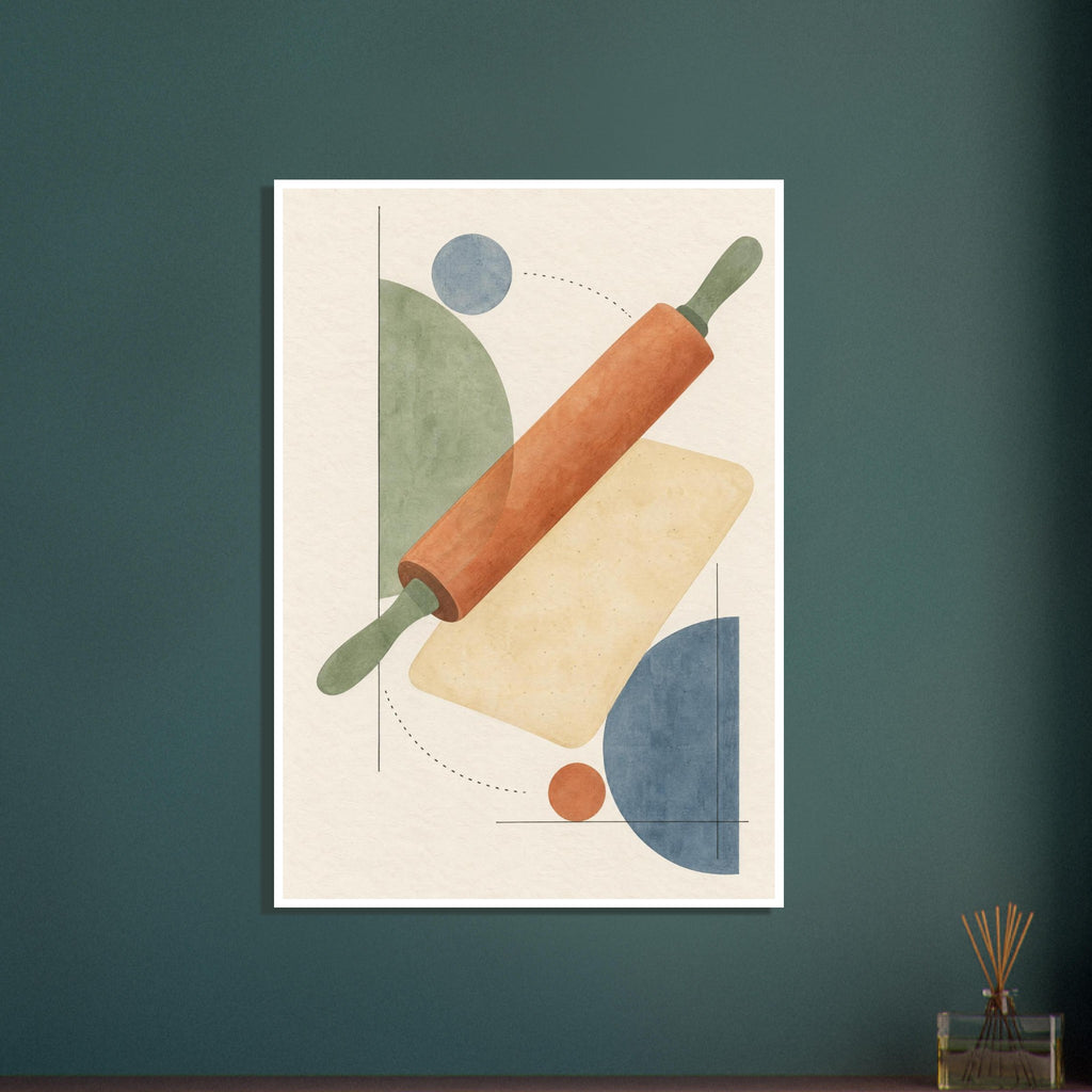 Terracotta rolling pin with green handles over a pale yellow rectangle, with blue and green geometric shapes on cream.