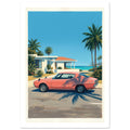 Coral-pink coupé parked beside a coastal house, with palm trees, blue sky, turquoise sea and long palm shadows.