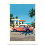 Coral-pink coupé parked beside a coastal house, with palm trees, blue sky, turquoise sea and long palm shadows.