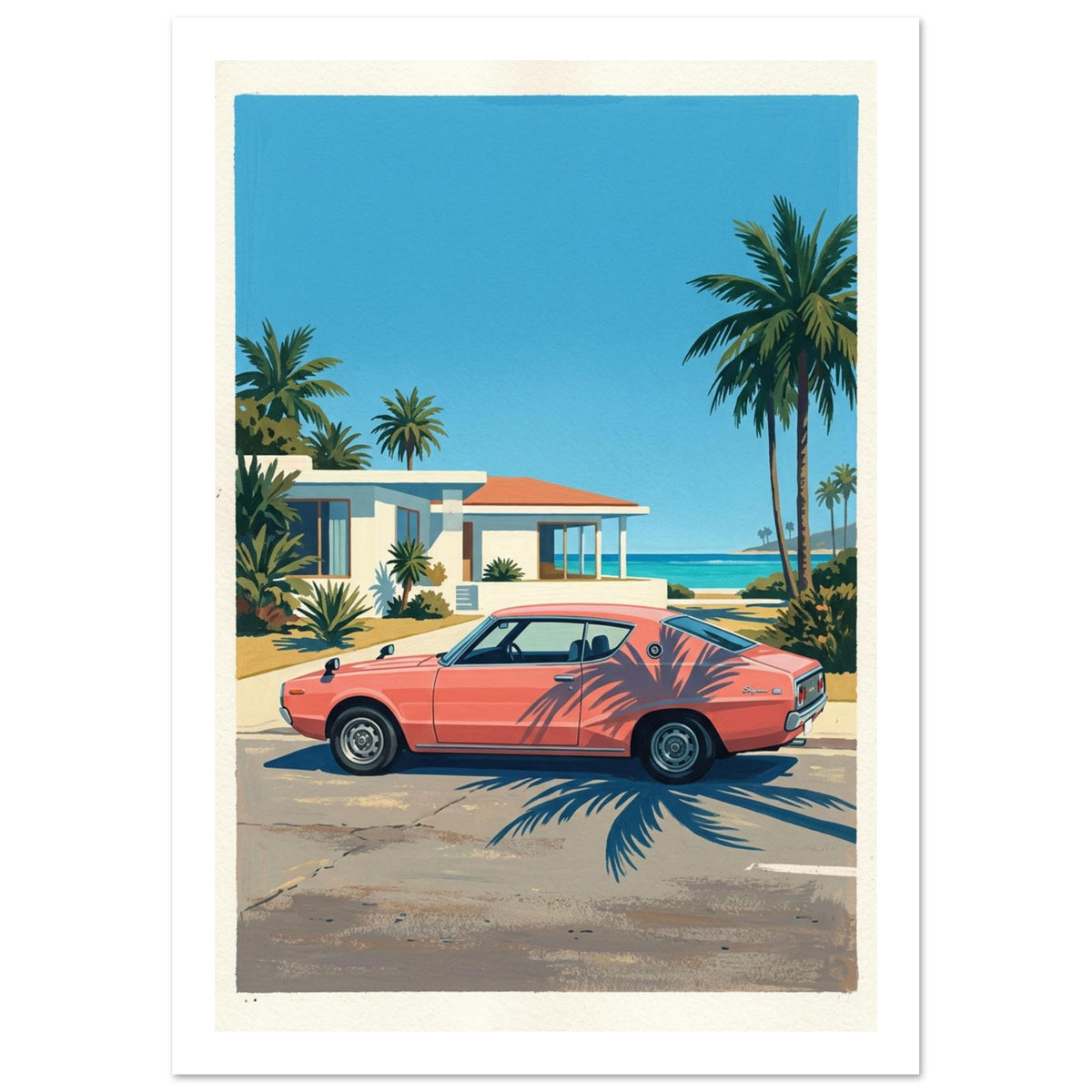 Coral-pink coupé parked beside a coastal house, with palm trees, blue sky, turquoise sea and long palm shadows.