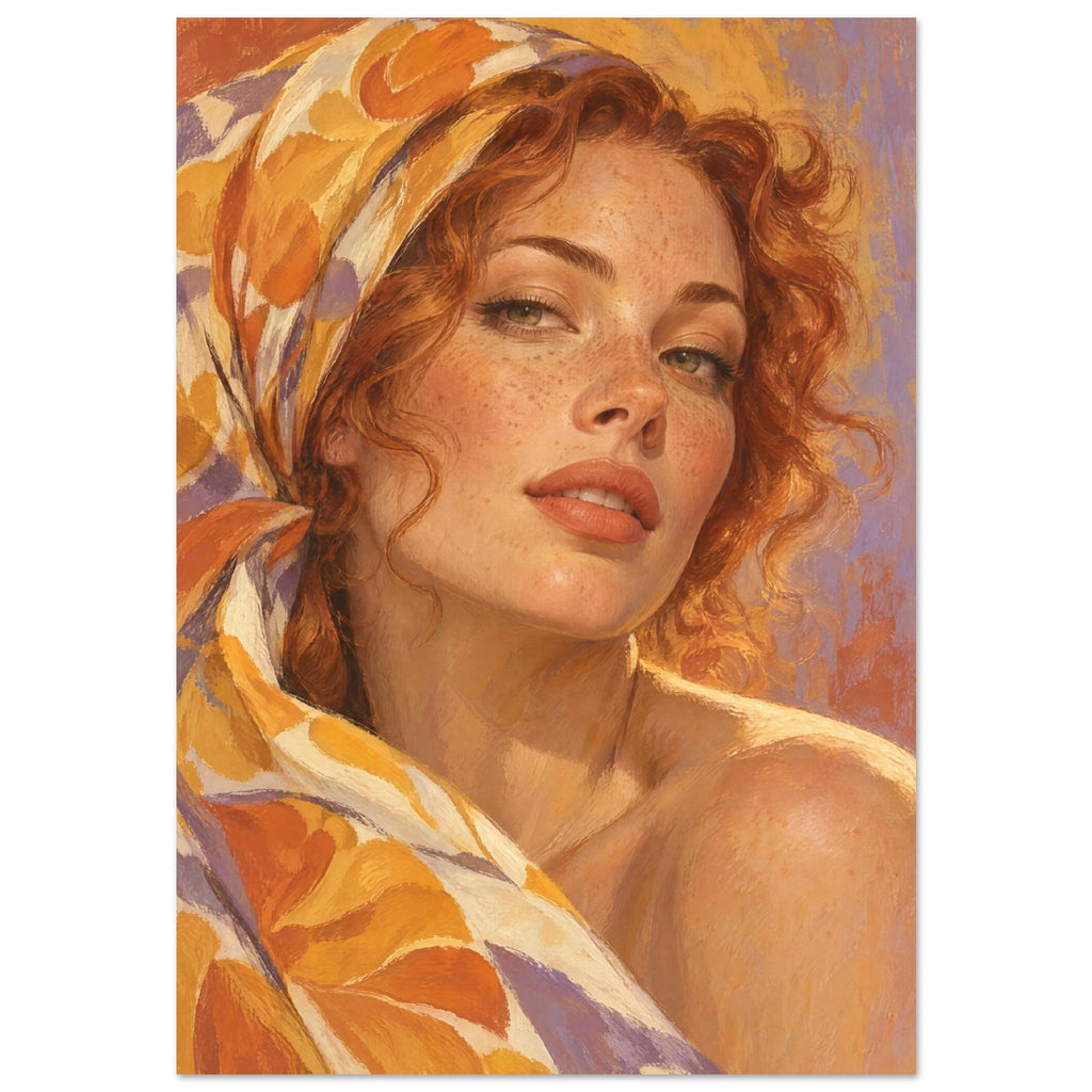 Marigold Close-Up portrays a freckled woman with auburn curls framed by a silk scarf patterned with large mustard petals.