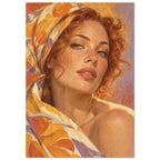 Marigold Close-Up portrays a freckled woman with auburn curls framed by a silk scarf patterned with large mustard petals.