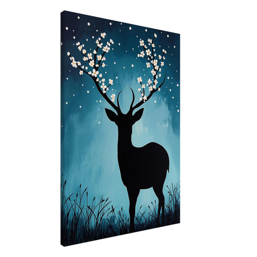 Black deer silhouette with cream blossoms on its antlers, against a textured teal backdrop with white dots and grasses.