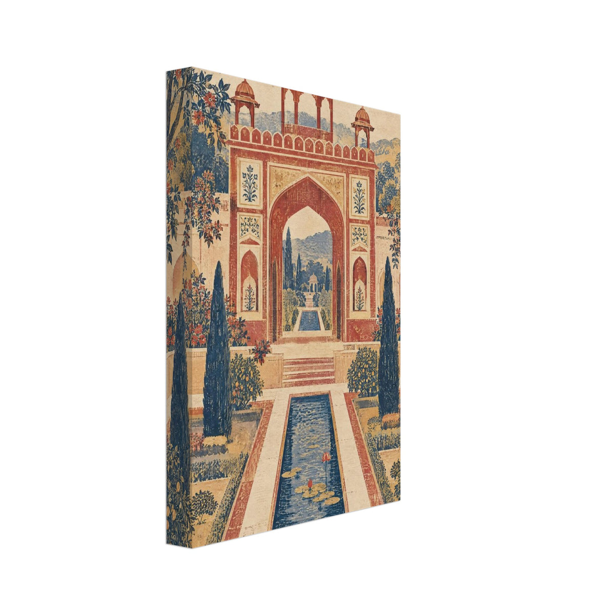 Terracotta arched gateway with domed pavilions, surrounded by tall trees and flowers beside a blue pool with lilies.