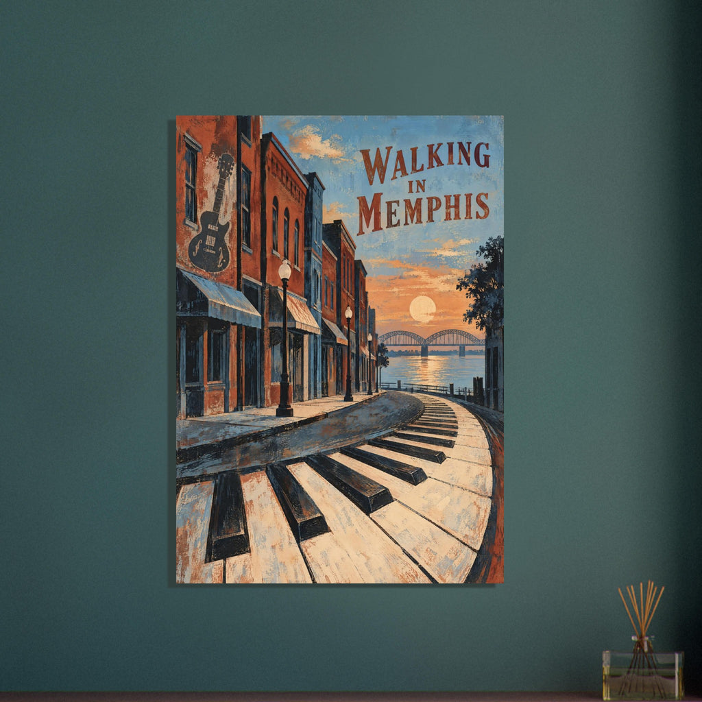 Curving piano keys beside brick buildings with a guitar mural, sunset river bridge and ‘Walking In Memphis’ lettering.