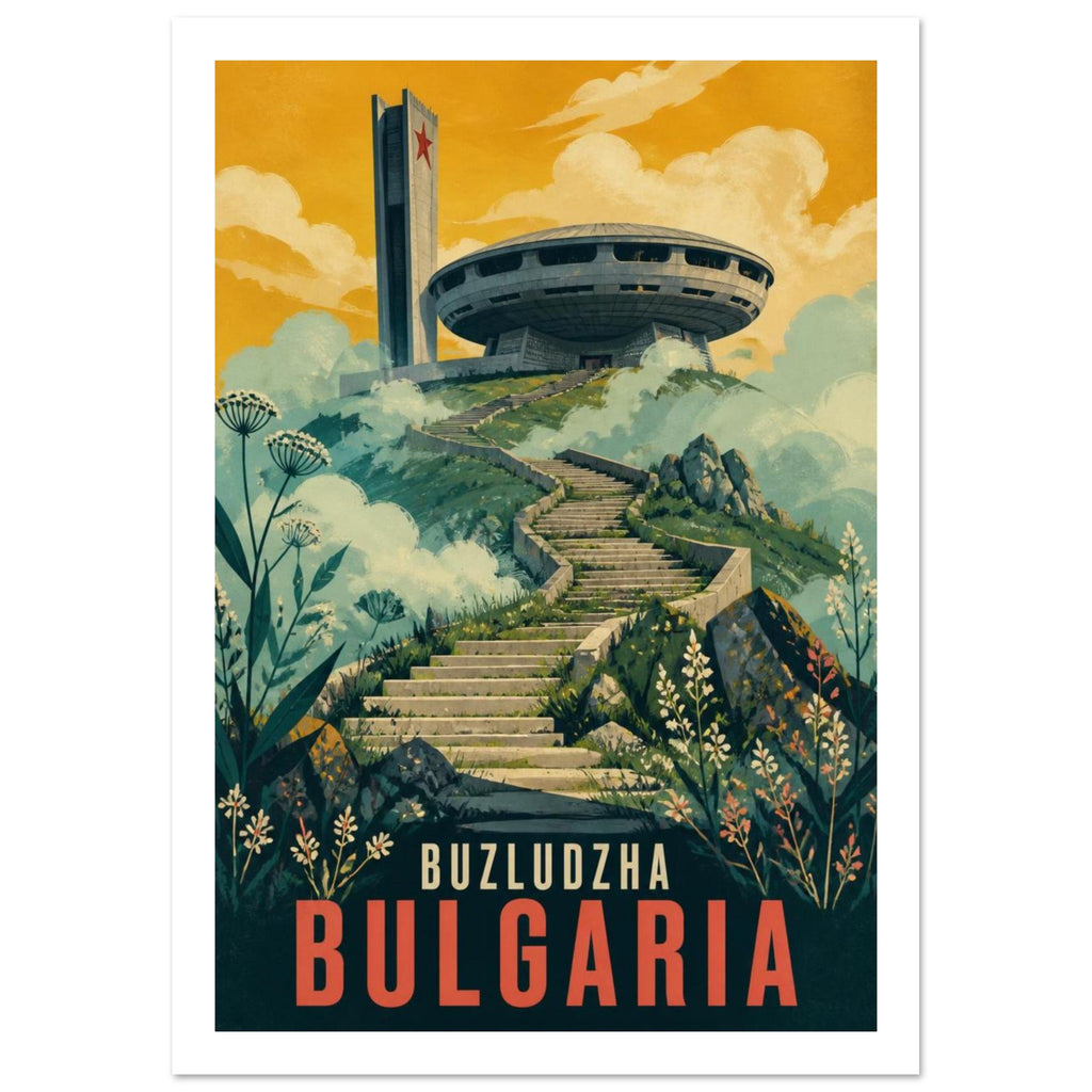 Buzludzha monument above winding stone steps and green slopes under a golden sky, with Buzludzha Bulgaria lettering.