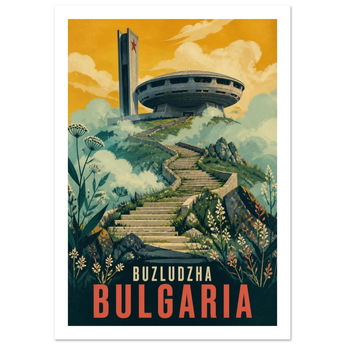 Buzludzha monument above winding stone steps and green slopes under a golden sky, with Buzludzha Bulgaria lettering.