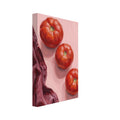 Three red tomatoes arranged diagonally on a pink surface beside a folded burgundy cloth, painted with broad brushstrokes.