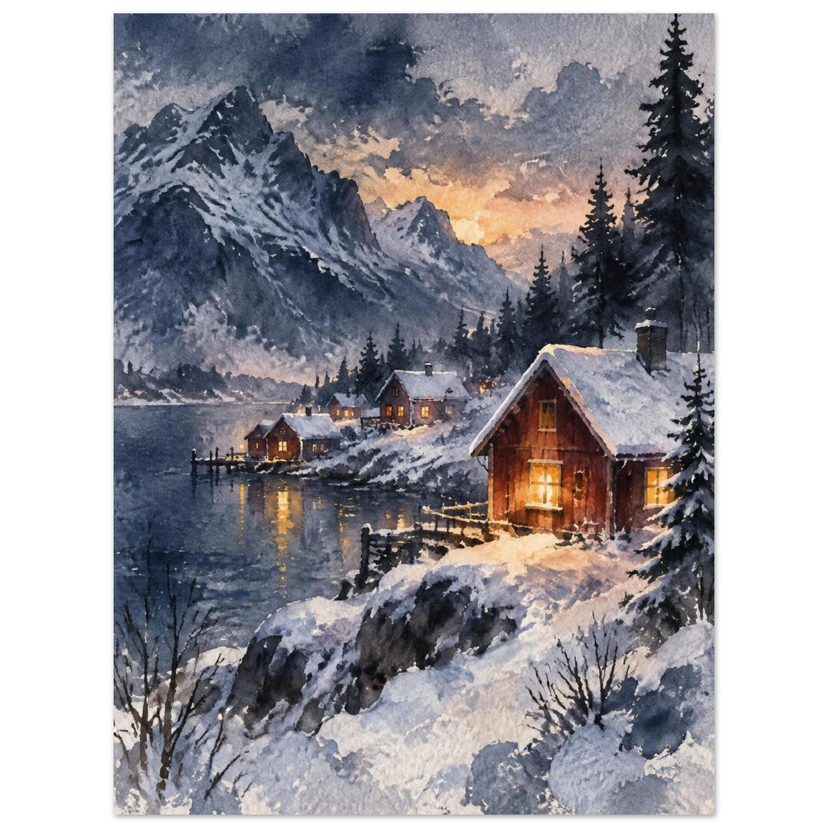 Watercolour snowy Nordic village at dusk with warm light in the cottage windows