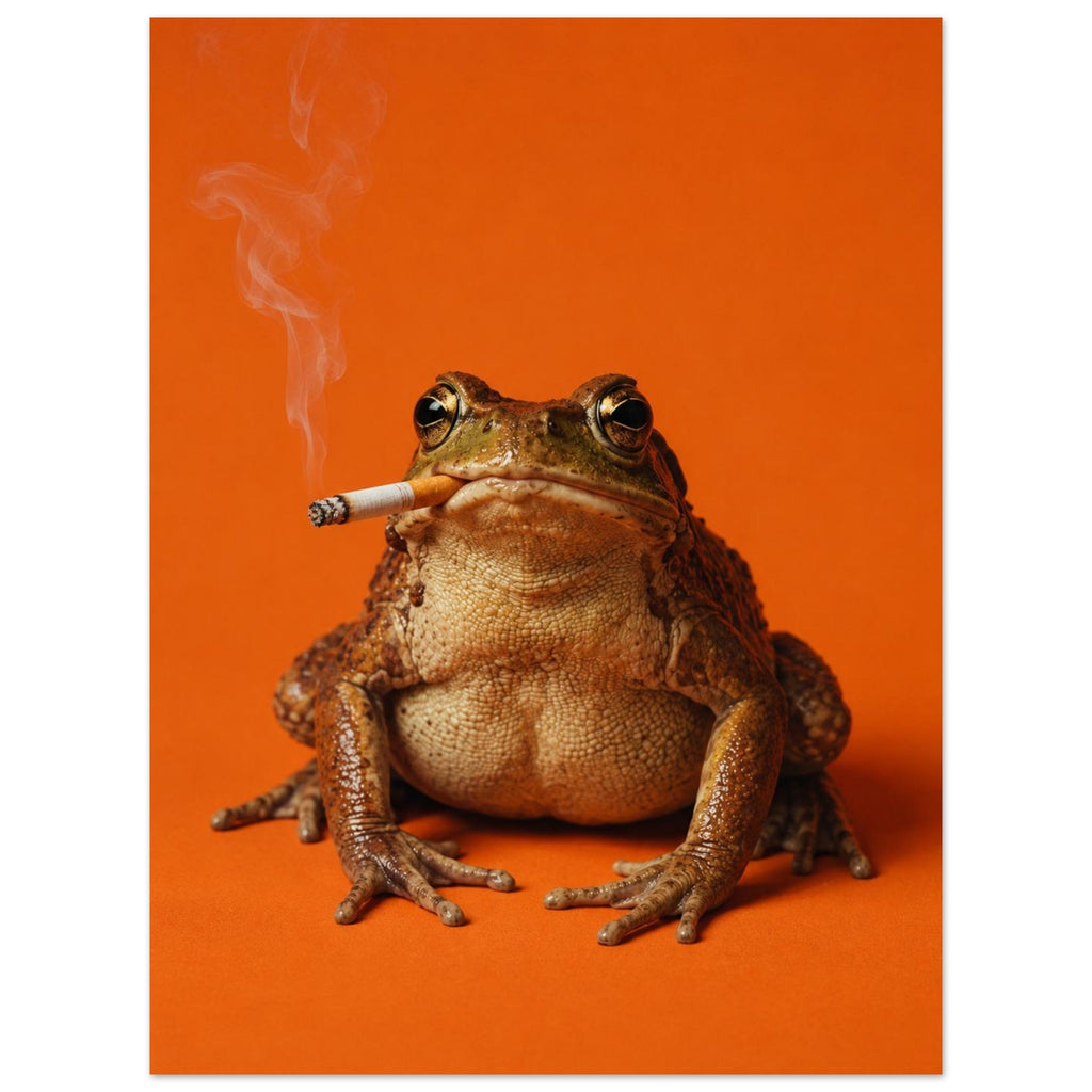 Brown toad facing forwards with a cigarette in its mouth and smoke curling upwards against a bright orange background.