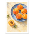 Apricots on a blue plate, with a halved apricot and green leaves on a cream surface, painted in watercolour.
