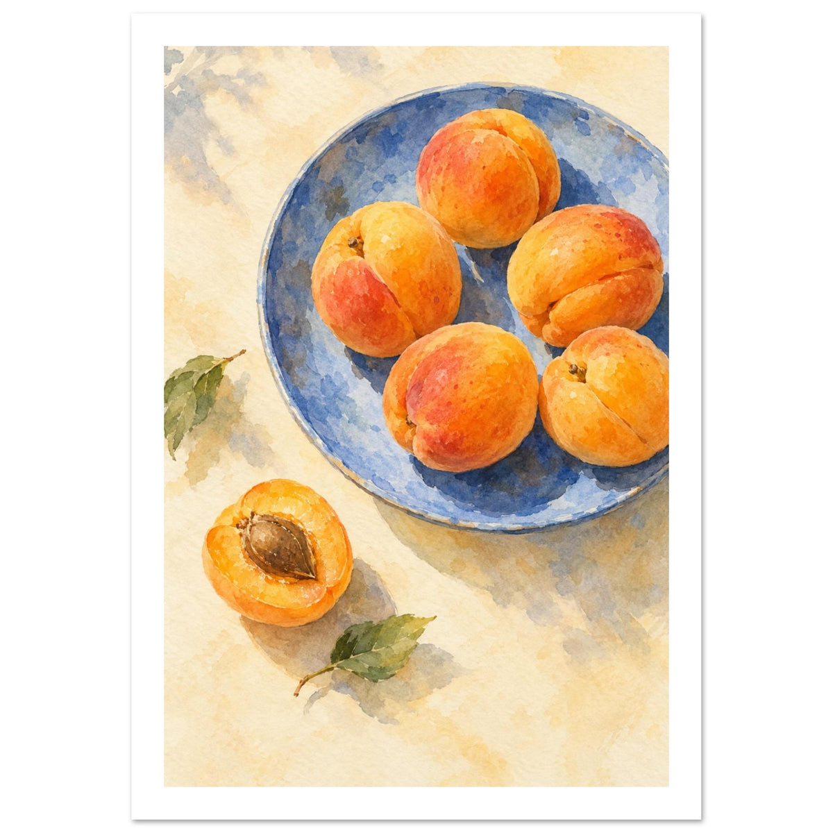 Apricots on a blue plate, with a halved apricot and green leaves on a cream surface, painted in watercolour.