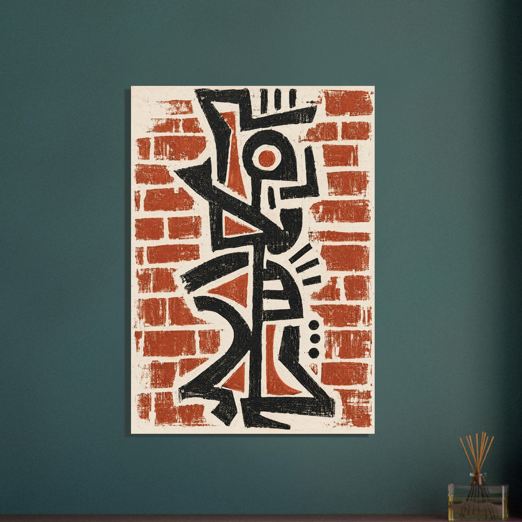 Black abstract geometric forms over terracotta brick shapes on a cream background, with a rough, distressed texture.